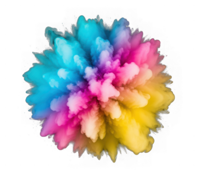 Wide gamut inkjet printing campaign visual showing dynamic CMYK pigment burst as metaphor for creative packaging refresh with rebrand launch across labels, cartons and retail displays