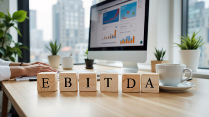 Valuation analyst desk with EBITDA earnings before interest taxes depreciation plus amortization metric highlighted for corporate deals, lender covenants and private equity portfolio reporting