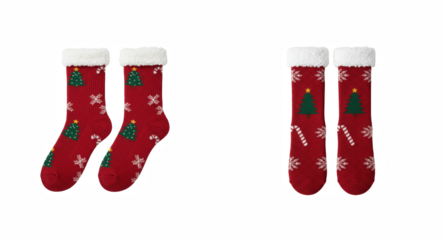 Cozy Red Christmas Holiday Socks with Fleece Cuffs and Festive Print on a Solid Field