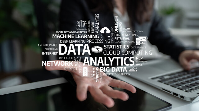 This image showcases the concept of data analytics, highlighting keywords related to big data, cloud computing, and machine learning. Perfect for illustrating technology themes. Tessel