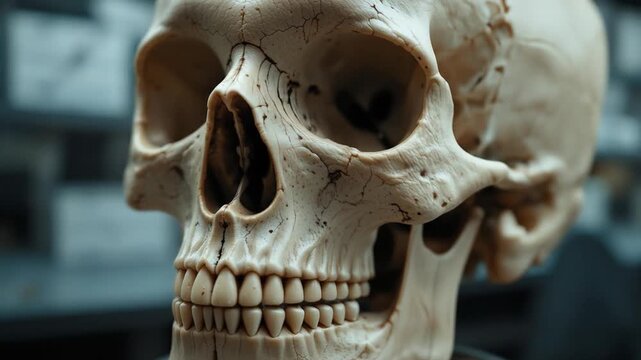 Human skull on analysis table in laboratory for medical research and study. Human skull bone - Phrenology, craniometry, neurology