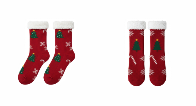 Cozy Red Christmas Holiday Socks with Fleece Cuffs and Festive Print on a Solid Field
