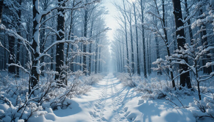 Snow covered path through a winter forest scene view