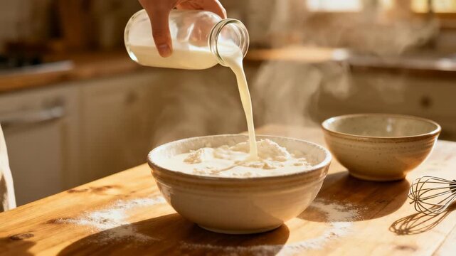 Man pouring milk from bottle into bowl of flour on wooden counter, preparing dough for baking, cooking in kitchen.