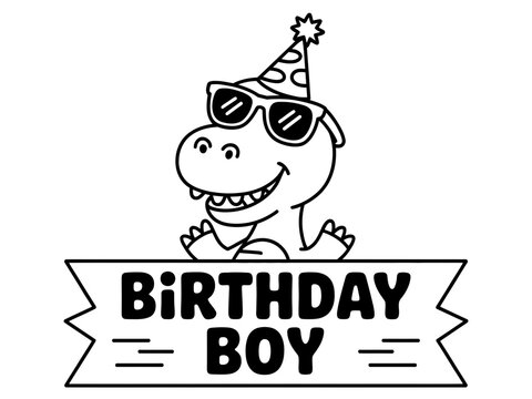 Cartoon dinosaur with birthday hat and sunglasses on birthday banner