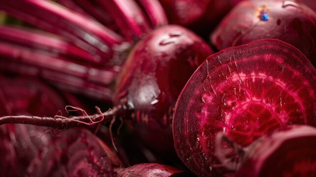 Close-up of fresh red beets with visible roots and sliced beet showing inner rings, representing healthy vegetables and natural food concept.