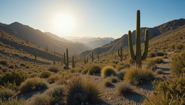 Desert landscape with cacti and mountains in distance