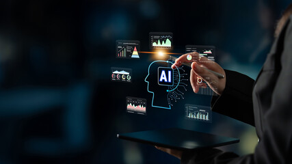 AI powered business intelligence for advanced data analysis. A concept of a smart system using AI to interpret and visualize company metrics. Motif