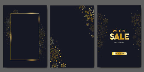 Elegant winter sale banner with luxurious golden snowflakes on a dark background. Perfect for holiday promotions, seasonal marketing campaigns, online ads, and stylish winter event announcements.