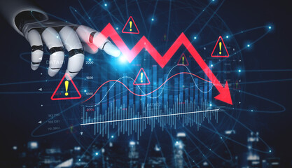 AI visualizes economic caution with smart graphs, alert icons, and data trend analysis, helping businesses respond to financial instability and risk. Artificial intelligence spline