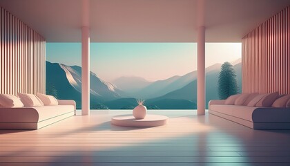 bright modern minimalist architecture interior with columns and mountain view