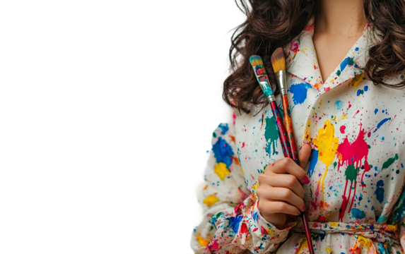 Studio image of woman artist holding paintbrush arranged neatly showcasing creative work and artistic expression isolated on transparent background PNG