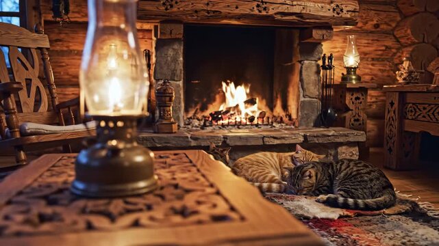 Cozy cabin interior with glowing fireplace, antique lanterns and sleeping cat. Rustic wooden table and woven rug in warm firelight. Cabincore relaxation scene evoking peaceful retreat.