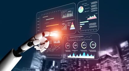 An AI project management dashboard with business performance analytics. AI visualization of project timelines and company data for strategic review. Motif