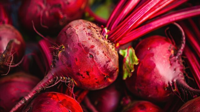 Close-up of fresh red beetroots with stems and roots, showing natural texture and color, healthy vegetables for cooking and nutrition. - Powered by Adobe