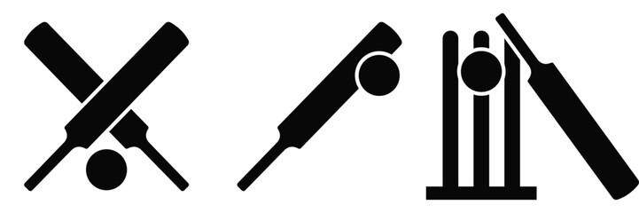 Crossed Cricket Bat and Ball Icon Set &ndash; Sports Equipment Silhouette Vector 
Collection