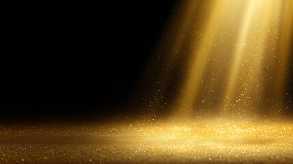 Bright golden beams of light cascade down in a dark setting, revealing a glittering surface below. The shimmering particles enhance the enchanting atmosphere, reminiscent of a celebratory moment