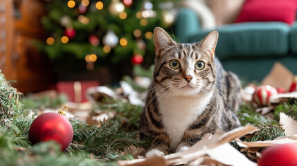 A curious tabby cat lays on the floor, surrounded by festive holiday decorations and crumpled wrapping paper