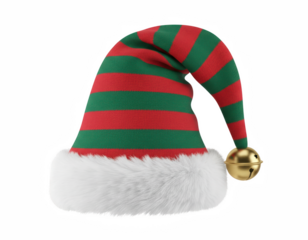 Striped Red and Green Knitted Elf Hat with White Fur Trim and Golden Jingle Bell