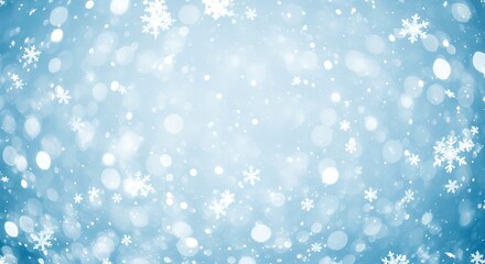 Falling white snowflakes and bokeh lights on a blue winter background image