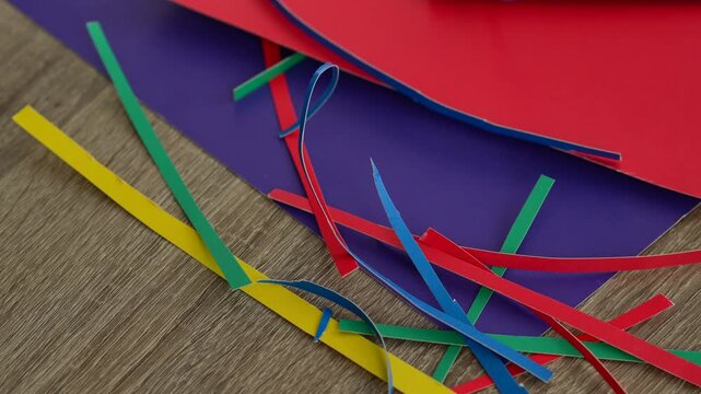 An activity for children.
Developing manual dexterity through cutting with scissors.
A person cuts colored paper with sharp scissors while sitting at a wooden table.
Cutting, art, scissors, cardboard,