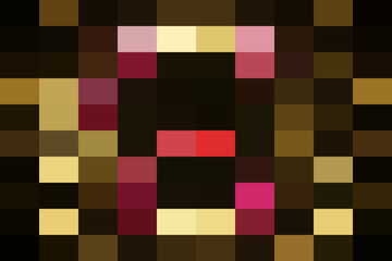 Abstract pixelated graphic featuring a central dark void framed by warm brown, gold, and magenta square blocks creating a bold, geometric shape