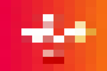 Abstract pixelated cross shape in white against a vibrant gradient background of red, pink, and orange hues
