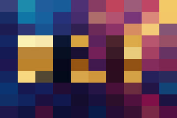 Abstract pixelated mosaic background featuring a vibrant gradient of deep blues, purples, and warm gold tones forming indistinct shapes