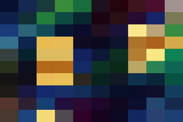 Abstract digital artwork featuring a mosaic of dark blue, green, and yellow pixelated squares creating a moody, lowresolution composition