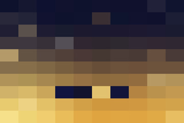 Abstract pixelated representation of a dark night sky transitioning into a warm, glowing horizon with minimal dark shapes suggesting features