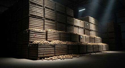 Stack of potato crates in storage warehouse, dramatic industrial lighting, no humans present.