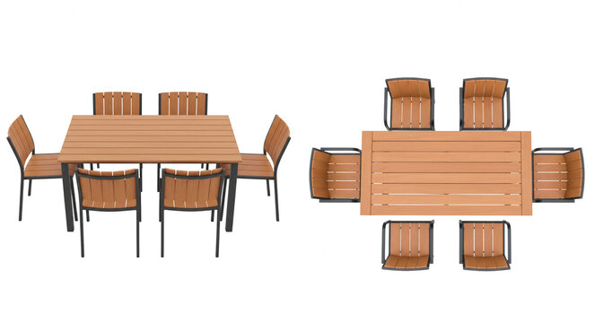 Modern Wooden Slat Patio Dining Sets with Perspective and Top Views