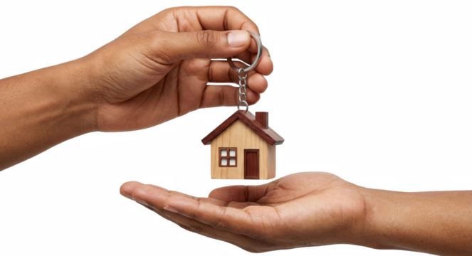 Transfer of Home Ownership: Miniature Wooden House Keychain Handed Over