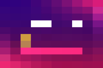 Abstract pixelated face design featuring a vibrant purple to pink gradient background and simple geometric features like white eyes and a pink mouth
