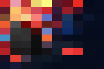 Abstract mosaic of colorful pixel blocks featuring warm reds, yellows, and cool blues against a dark background