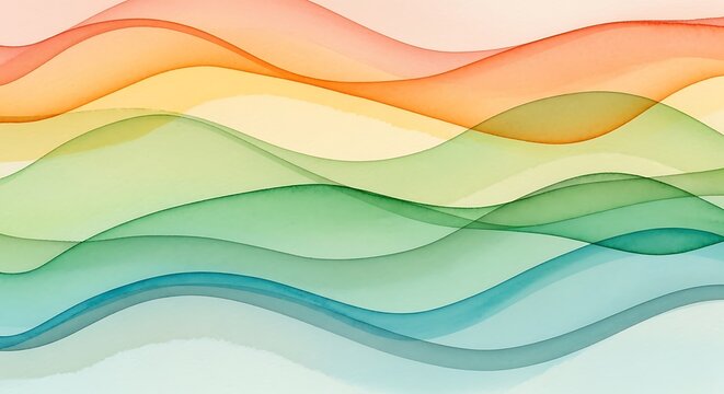 Flowing watercolor waves in orange yellow green and blue abstract background