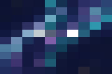 Abstract digital background composed of dark blue, teal, and purple pixelated squares with bright white highlights
