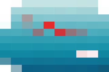Abstract pixelated representation of a stylized aquatic scene featuring shades of blue and prominent red square accents suggesting movement or focus