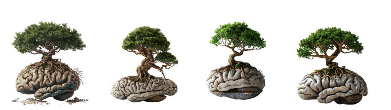 Four bonsai trees growing from human brains, symbolizing mental growth, intelligence, and the mindnature connection, isolated on white isolated on transparent background