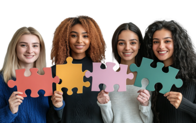 Group of multicultural women presenting puzzle parts representing connection support and harmony isolated on transparent background PNG