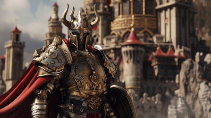 A knight in ornate armor stands confidently in front of a grand castle. The scene conveys a sense of medieval fantasy and adventure.
