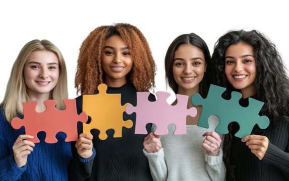 Group of multicultural women presenting puzzle parts representing connection support and harmony isolated on transparent background PNG
