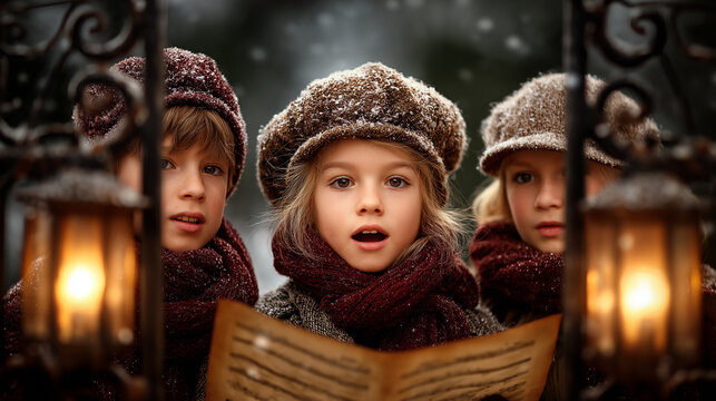 Victorian carolers at wrought-iron gate, lanterns lifted, breath in cold air, sheet music pages flutter, warm scarves texture, with copy space