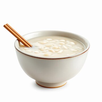 Sweet canjica or hominy pudding with white corn kernels and a cinnamon stick, isolated on white background