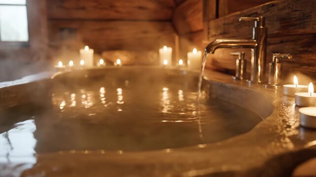 Rustic cabin bathtub filling with steaming water from faucet. Wooden bathroom tub surrounded by lit candles. Cozy cabincore hot bath relaxation scene in nature-inspired setting.