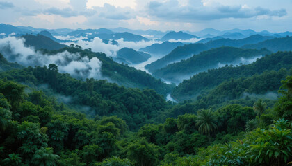 Aerial view of misty mountains with dense vegetation