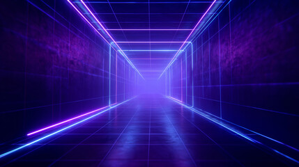 Fototapeta premium A corridor filled with glowing neon lights creates a captivating ambiance. The futuristic design features bright purple and blue hues that enhance the sense of depth and space, inviting exploration