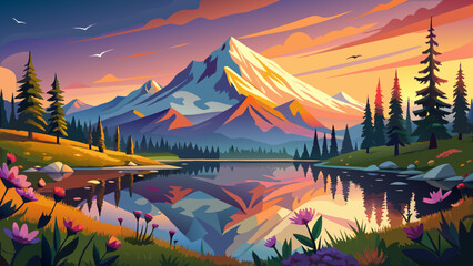 Very beautiful panoramic landscape of Mount Hood at sunrise, with golden light illuminating the peak, vibrant summer wildflowers, and perfect glass-like reflections on Lake Trillium, set within the se