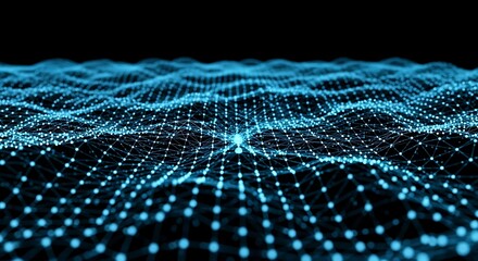 Glowing blue digital network grid with connected points and lines abstract background