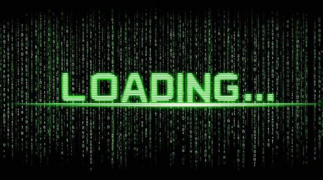 Loading screen with green matrix code effect and glowing text